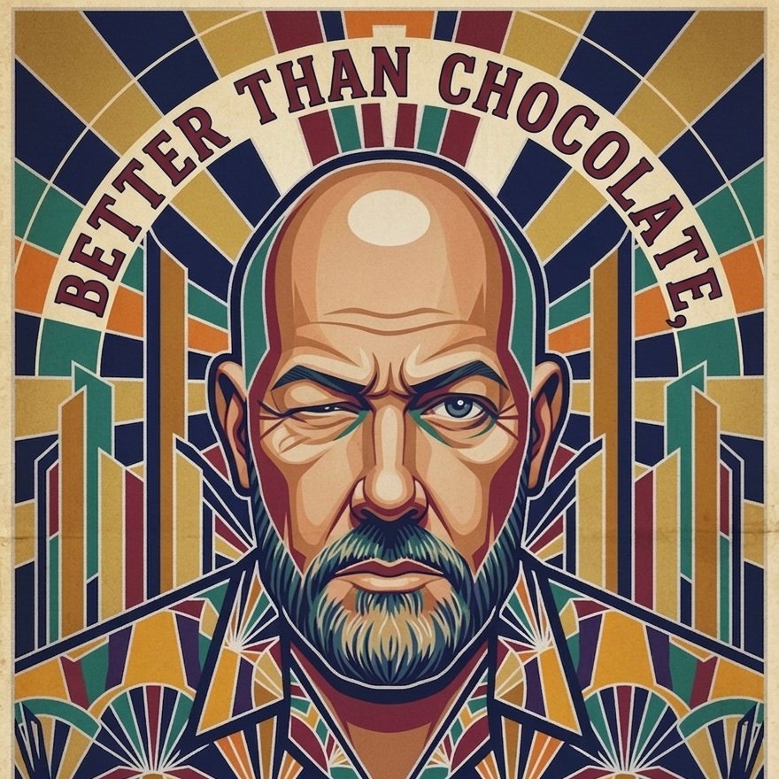 An AI illustration of J.S. Epperson in a tropical shirt. The text says "better than chocolate".